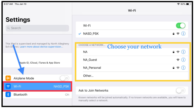 ios wifi dashboard to choose wireless network 